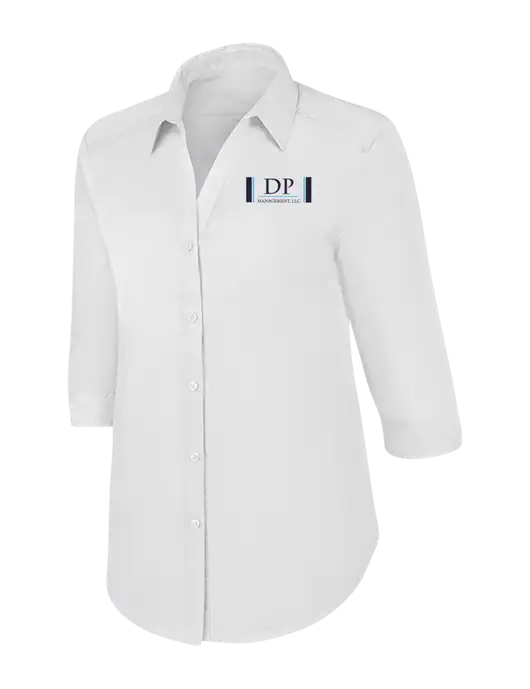 Womens White 3/4 Sleeve Carefree Poplin Shirt w/DP Management Logo