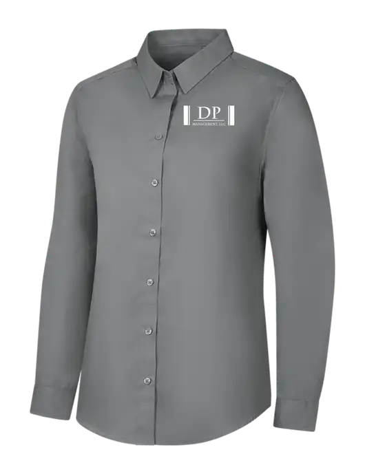 Womens Medium Grey Long Sleeve Carefree Poplin Shirt w/DP Management Logo