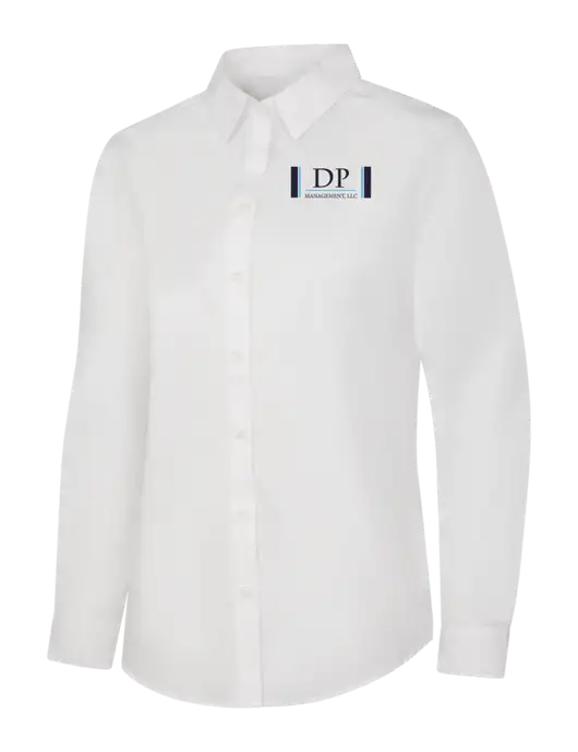 Womens White Long Sleeve Carefree Poplin Shirt w/DP Management Logo