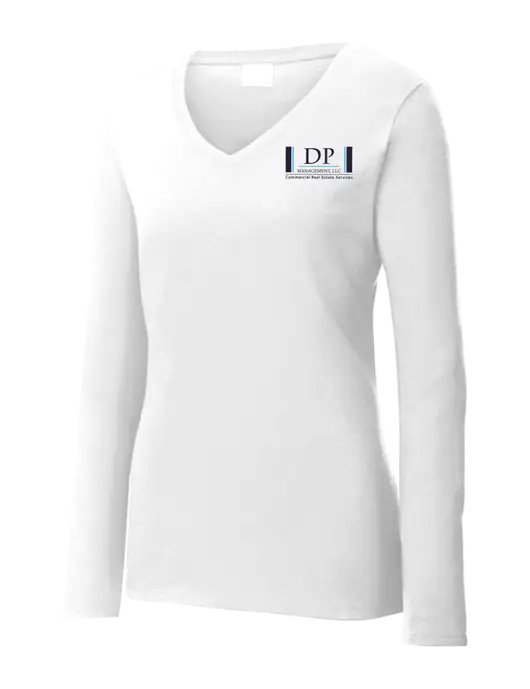 Womens  V-Neck Ring Spun White 4.5 oz Long Sleeve T-Shirt w/DP Management Logo