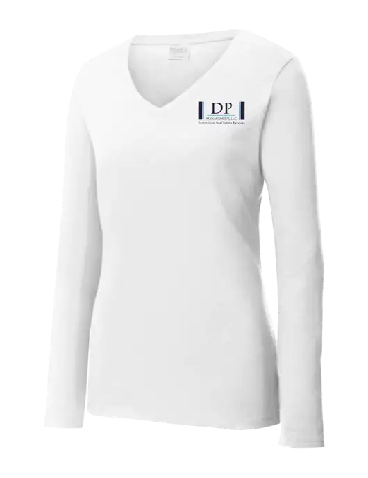 Womens  V-Neck Ring Spun White 4.5 oz Long Sleeve T-Shirt w/DP Management Logo