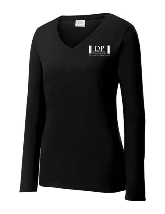 Womens V-Neck Ring Spun Jet Black 4.5 oz Long Sleeve T-Shirt w/DP Management Logo