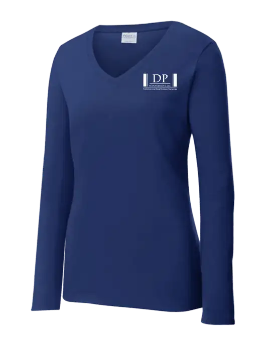 Womens  V-Neck Ring Spun Navy 4.5 oz Long Sleeve T-Shirt w/DP Management Logo