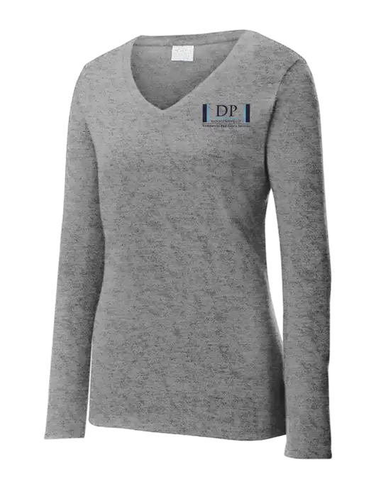 Womens  V-Neck Ring Spun Grey Heather 4.5 oz Long Sleeve T-Shirt w/DP Management Logo