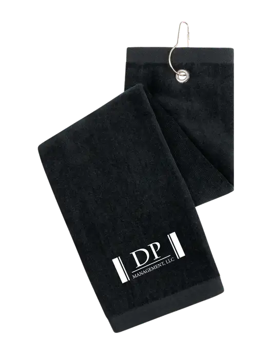 Black Tri-Fold Golf Towel with Grommet w/DP Management Logo