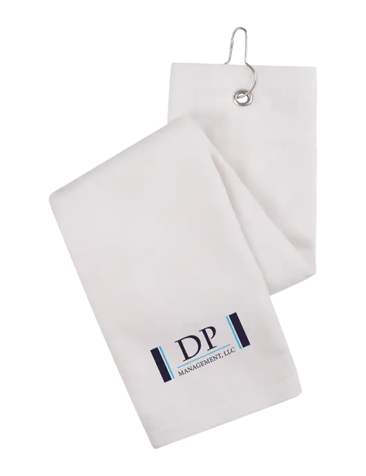 White Tri-Fold Golf Towel with Grommet w/DP Management Logo
