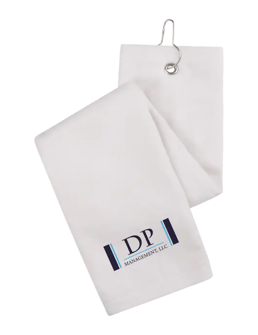 White Tri-Fold Golf Towel with Grommet w/DP Management Logo