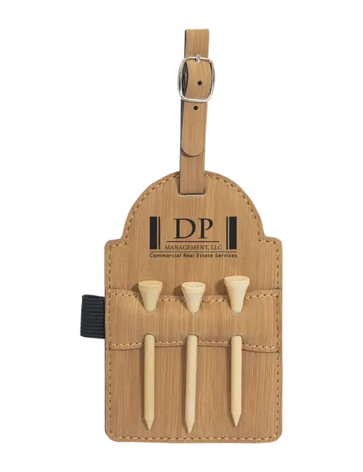Bamboo Leatherette Golf Bag Tag with 3 Wooden Tees w/DP Management Logo