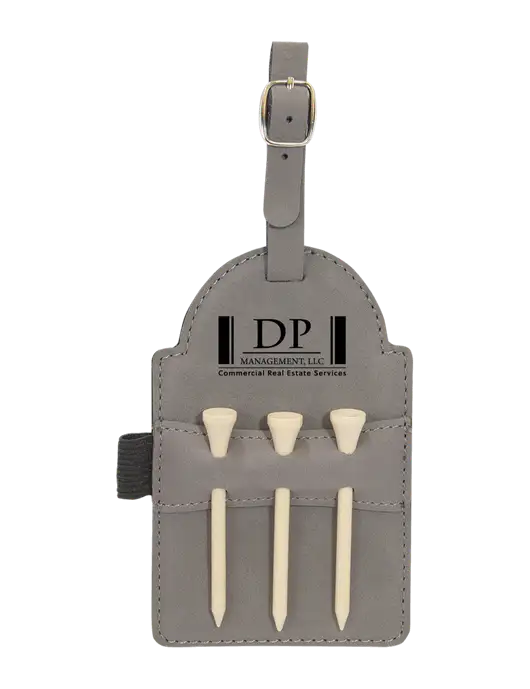 Grey Leatherette Golf Bag Tag with 3 Wooden Tees w/DP Management Logo