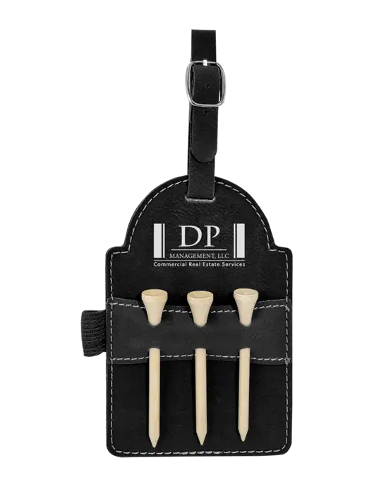 Black Leatherette Golf Bag Tag with 3 Wooden Tees w/DP Management Logo