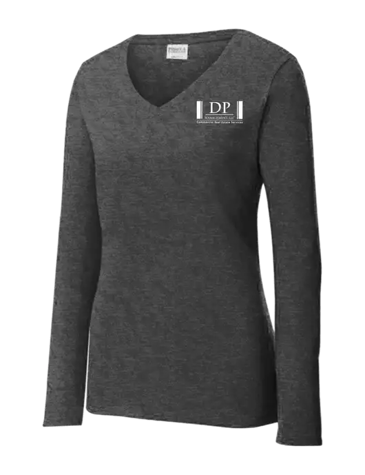 Womens  V-Neck Ring Spun Dark Heather Grey 4.5 oz Long Sleeve T-Shirt w/DP Management Logo