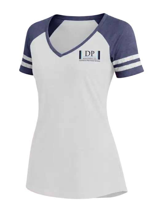 Womens White/Navy Heather V-Neck Game Tee w/DP Management Logo