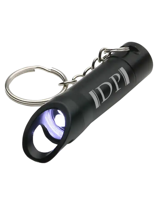 Black Pocket LED Flashlight with Bottle Opener & Keychain w/DP Management Icon Logo