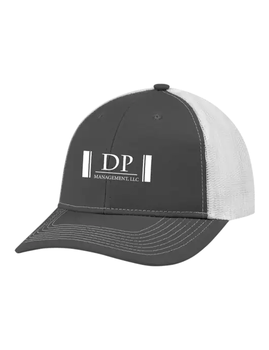Snapback Ponytail Trucker Cap Dark Grey w/White Mesh w/DP Management Logo