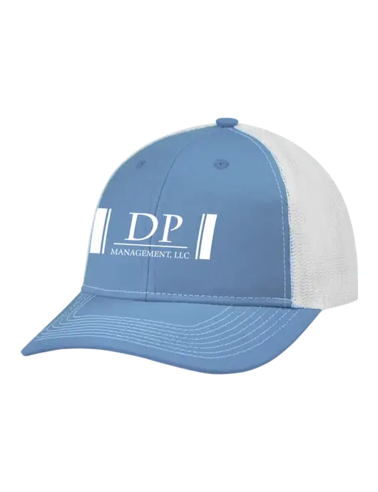 Snapback Ponytail Trucker Cap Carolina Blue w/White Mesh w/DP Management Logo