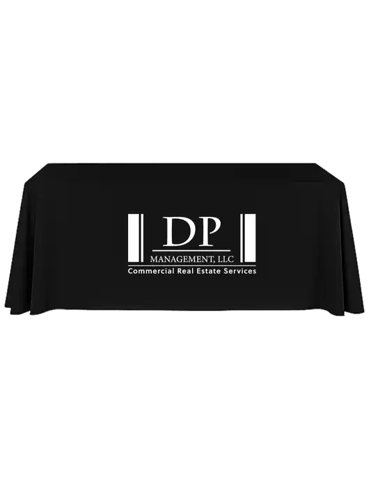 8' Stain-Resistant 4-Sided Black Table Cover w/DP Management Logo