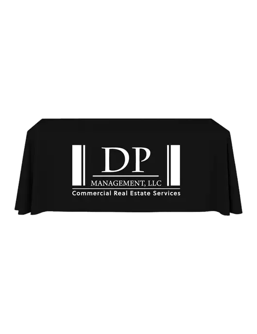 6' Stain-Resistant 4-Sided Black Table Cover w/DP Management Logo