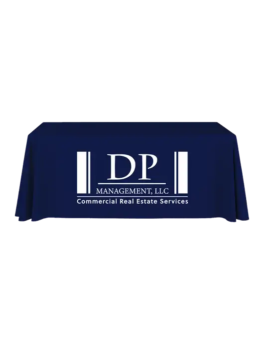 6' Stain-Resistant 4-Sided Dark Navy Table Cover w/DP Management Logo