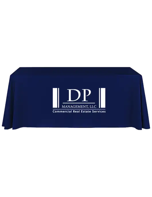 8' Stain-Resistant 4-Sided Dark Navy Table Cover w/DP Management Logo